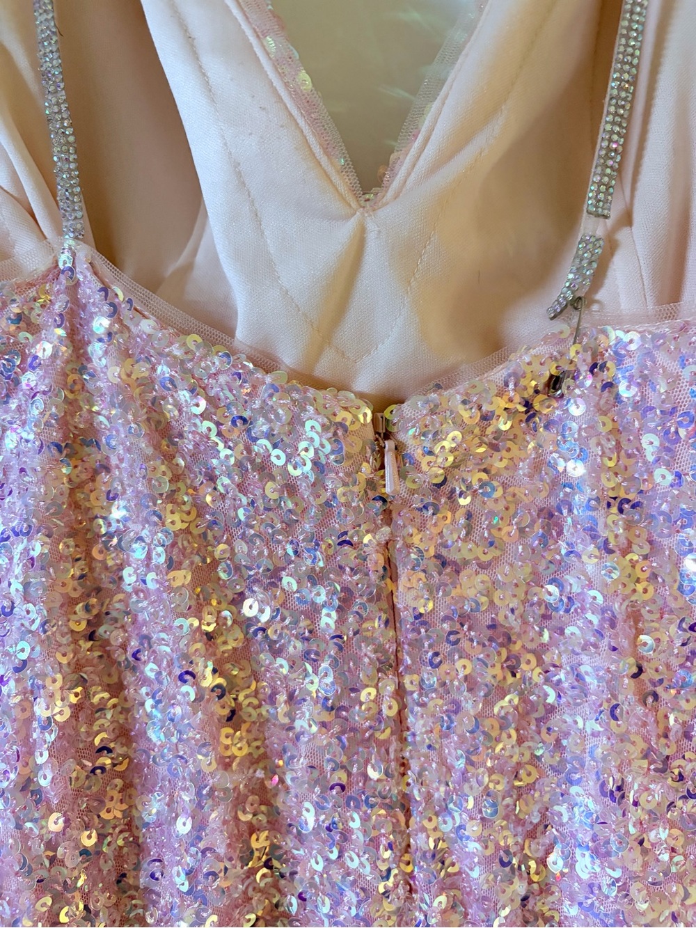 Jovani Sequined V-Neck rhinestone Spaghetti Strap Gown/Prom Dress- Pink - Picture 7 of 12